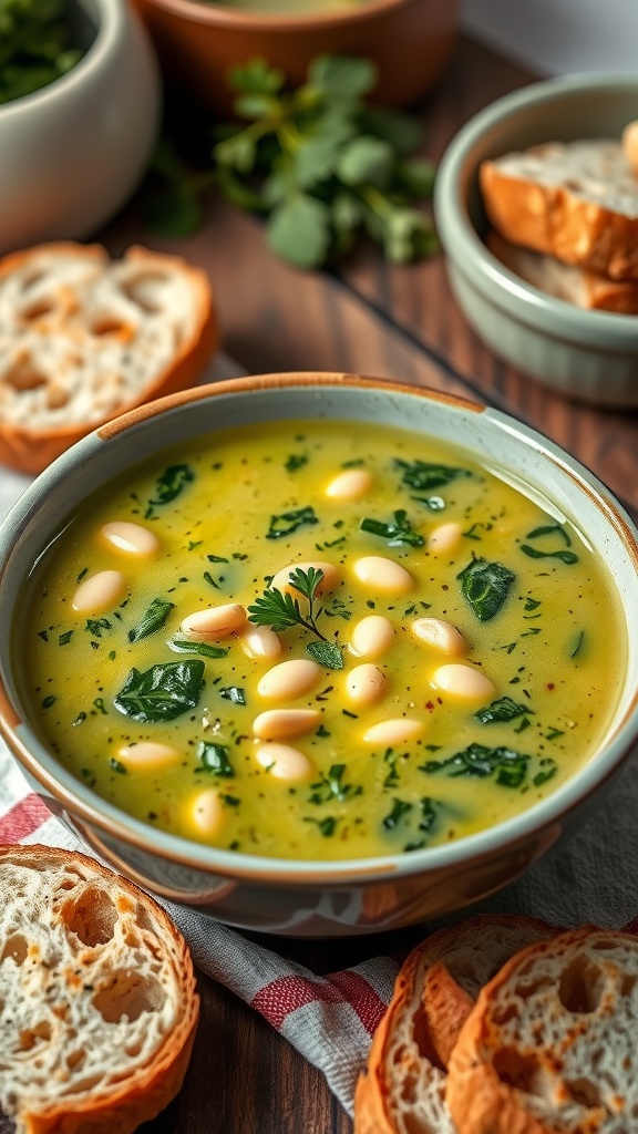 A bowl of creamy spinach and white bean soup garnished with parsley, served with crusty bread.